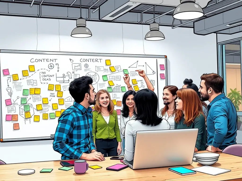 A vibrant image of a content creation team brainstorming ideas with laptops and sketches, illustrating FoxyGrow's Content Creation service.